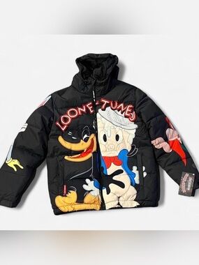 NWT Members Only Black Puffer Jacket with Yellow, White and Red Looney Tunes Art